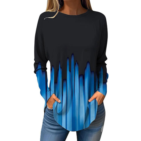 New hem curved loose long-sleeved crew neck T-shirt top print m302172