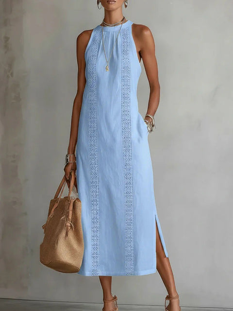Women's clothing neck holiday solid color lace splicing sleeveless dress m302923