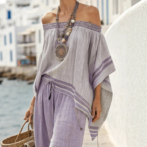 Summer new retro elegant vacation style purple literary loose fashion casual top wide leg pants set m302043