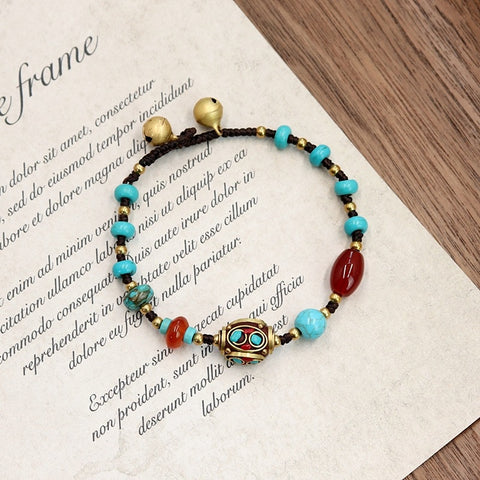 Retro Nepalese Ancient Law Copper Bead Bracelet Women's Tibetan Ethnic Style Personalized Simple Weaving Blue Bracelet M5010668