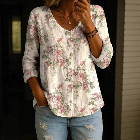Crew Neck Women's Floral 3D Printed Women's Henley Shirt m302611