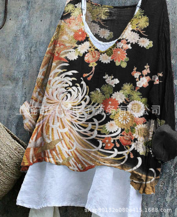 Long-sleeved printed casual pullover loose round neck single-piece T-shirt m301042