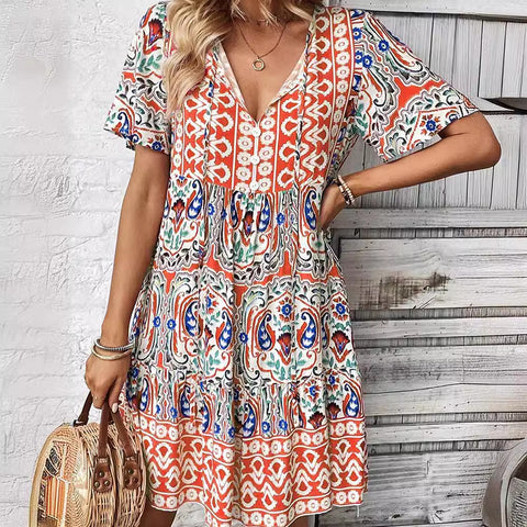 New V-neck dress fashionable loose bohemian print skirt m300994