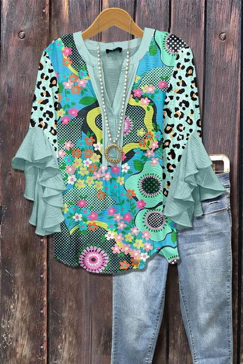 Creative floral element printing digital printing casual trend V-neck lotus edge T-shirt women's top m301778