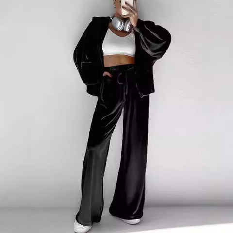 Golden Velvet Suit Fashion Zipper Long Sleeve Sports Wind Hooded Zipper Clothing Casual Suit m301810