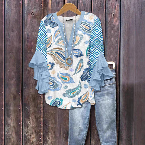 Creative floral element printing digital printing casual trend V-neck lotus edge T-shirt women's top m301778