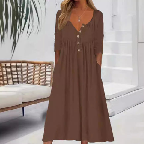 Casual button solid color simple long sleeve long dress m302272