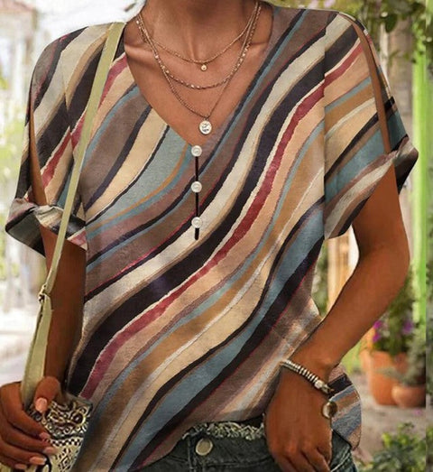 3D printed V-neck button-up T-shirt top daily short-sleeved m301263