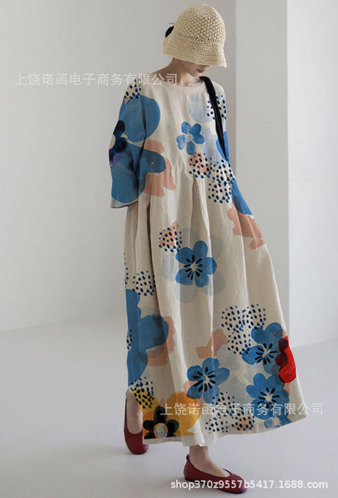 Loose crew neck fashion high-end long-sleeved printed dress m301054