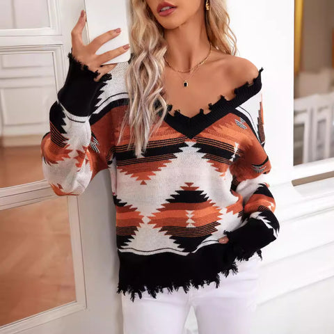 Aztec cut knitted sweater geometric pattern jacquard pullover V collar top long sleeve ethnic style m301953