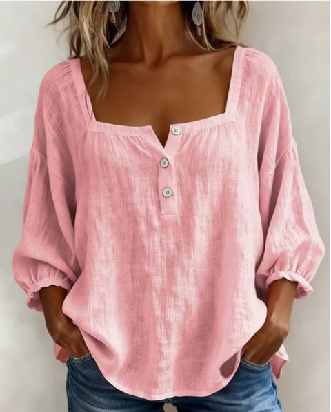 Floral print 3-button elegant wide neck top m302847