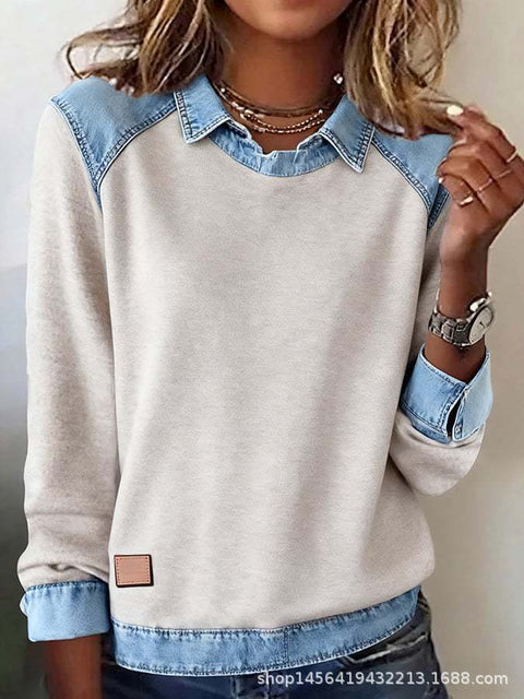 Denim collar long sleeves pullover spliced knitted sweater top m302161