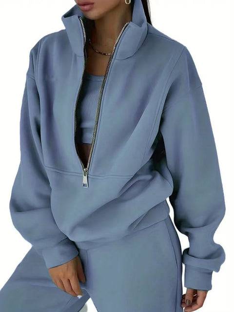 Casual sports home loose and comfortable zipper fleece knitted sweater sweatpants two-piece women's clothing m301654