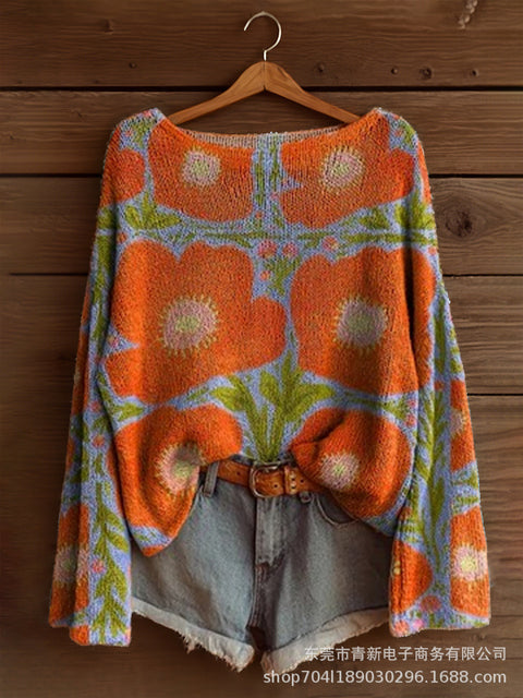 Vacation print casual cape top crew neck knitted sweater m302130