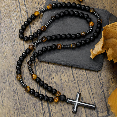 Natural stone black gallstone yellow tiger eye iron stone cross necklace hip hop necklace m3331291