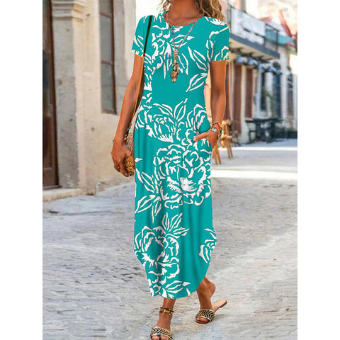 Round neck pocket short sleeve trend print dress m300031