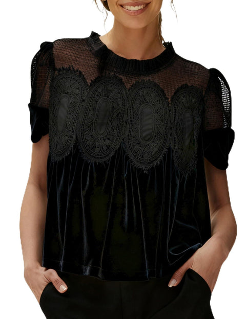 Mesh embroidered lace round neck pullover solid color velvet loose top m302350