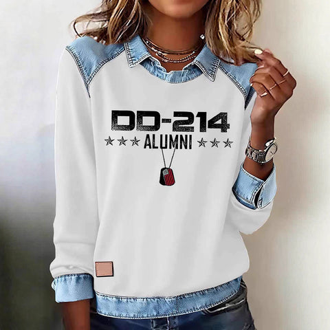 Lapel top imitation denim sweater long-sleeved women's top m302160