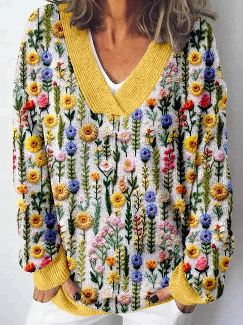 Autumn and winter imitation sweater printing foreign trade new women's pullover V-neck casual fashion long-sleeved top m302113