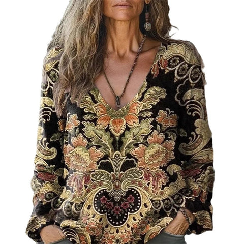 casual V-neck long-sleeved pullover loose digital printing women's top T-shirt m301736