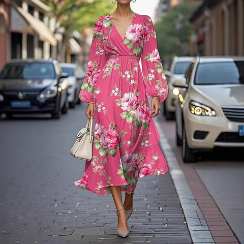 Floral series pattern 3D printing series casual women's V long dress m302129