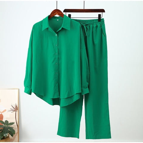 New loose elastic wrinkle long-sleeved shirt wide-leg pants casual suit women's 2-piece set m301960