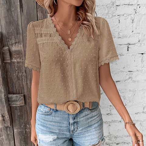 Women's v-neck solid color women's lace shirt m300843