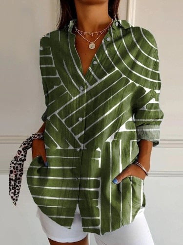 3D digital printing abstract pattern women's long-sleeved buckle linen shirt m302749-01