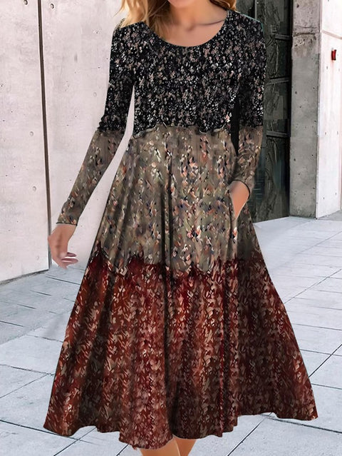 Crew Neck Long Sleeve Loose Geometric Pattern Printed Pendulum Dress m300700