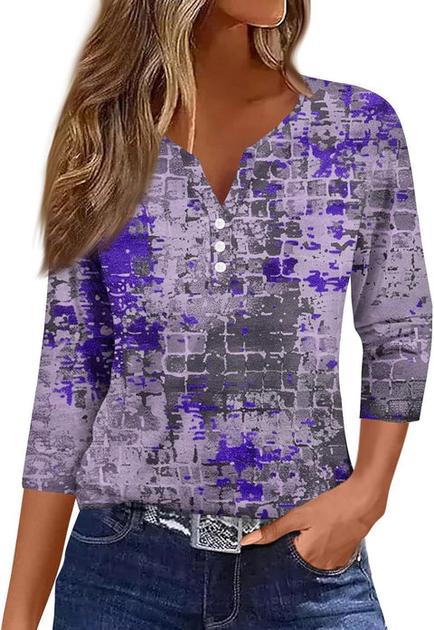 Marble pattern V-neck three-button seven-quarter sleeve women's clothing m300581