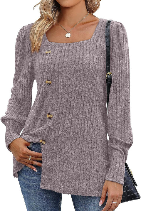 Autumn and winter new buckle square neck long-sleeved solid color women's t-shirt m300546