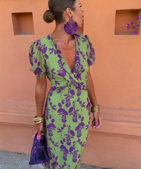 Women's fashion pleated print long dress elegant slim V-neck short-sleeved dress m301336