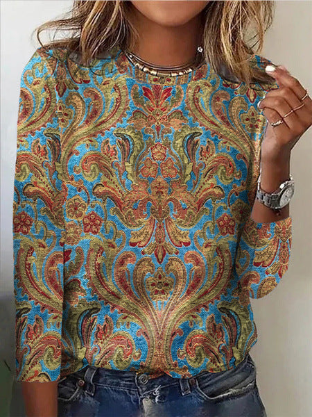 3D printed women's casual flower crew neck long-sleeved t-shirt top m301719