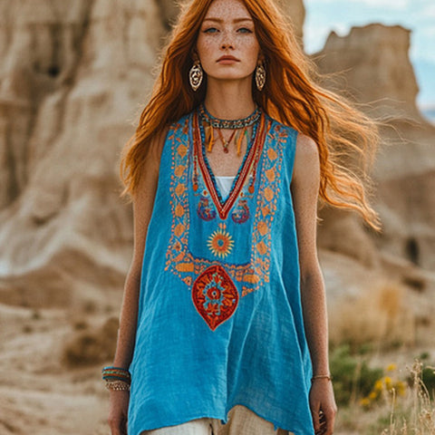 Plant flower print V-neck ethnic tribal vest top m301533
