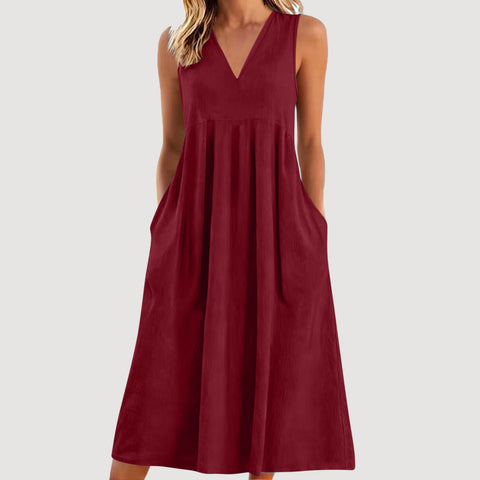 Solid color pullover V-neck sleeveless cotton loose dress m302773