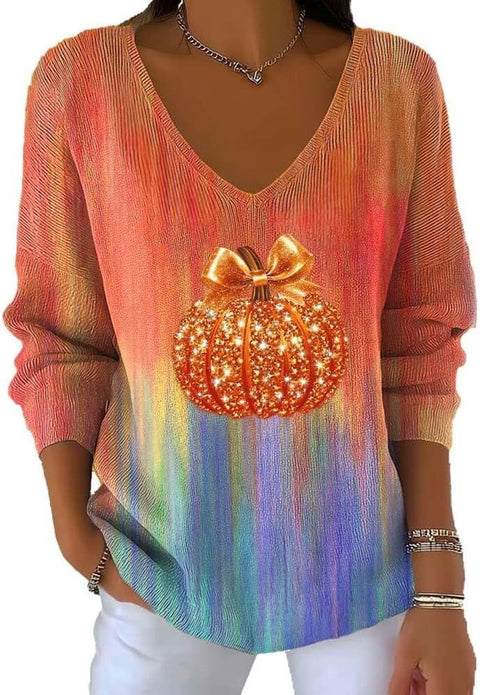 Shoulder V-Neck Long Sleeve Pullover 3D Digital Printing Women's Top T-Shirt m301684