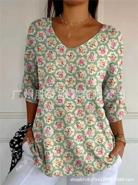 V-neck 3D printed geometric pattern five-quarter sleeve T-shirt top m302777