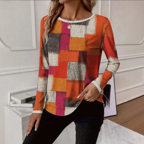T-shirt geometric casual spring and autumn polyester micro-elastic daily regular version long sleeve m302101