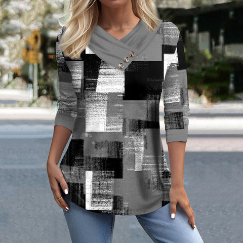 Spring and Autumn New Women's 3D Printed V-Neck Casual Long Sleeve Button T-Shirt Top m301747