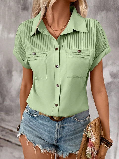 Buckle lapel shoulder pleated pocket shoulder short-sleeved top inch shirt T-shirt women's m301029