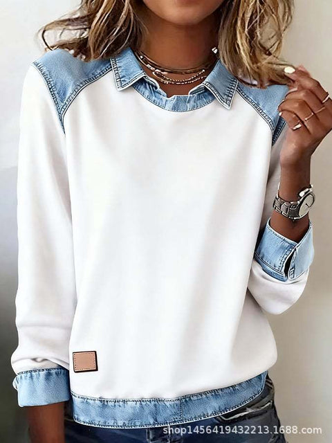 Denim collar long sleeves pullover spliced knitted sweater top m302161