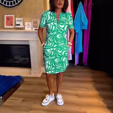 Short sleeve printed V-neck fashion dress m301312