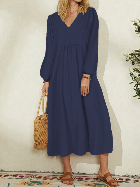 Women's cotton and linen loose lantern sleeve dress m301242