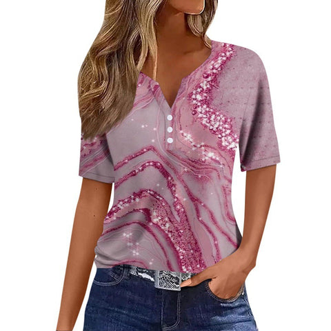 V-neck three-button 3D printed short-sleeved women's top m300617