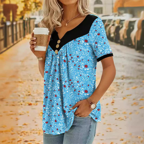 Small floral splicing button casual short-sleeved top m300662