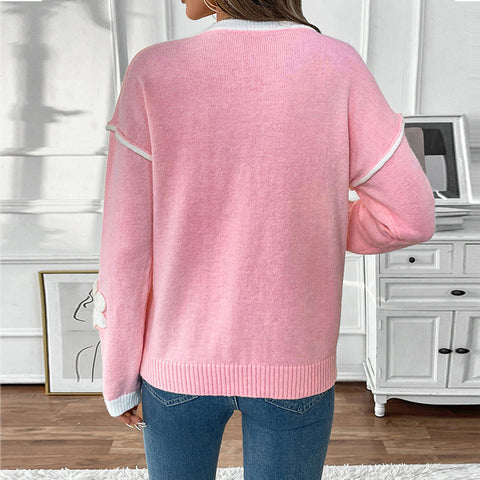 Long Sleeve V-Neck Decal Pink Sweater Women's M300795