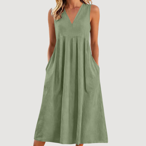 Solid color pullover V-neck sleeveless cotton loose dress m302773