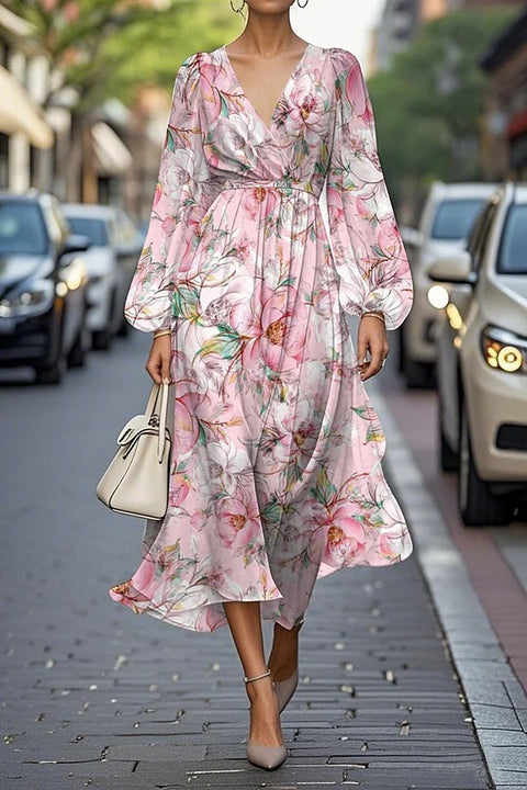 Floral series pattern 3D printing series casual women's V long dress m302129