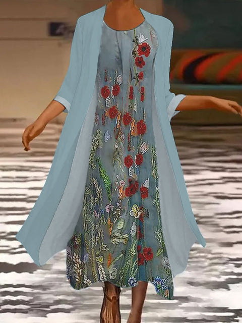 New women's long dress two-piece set flower and grass print crew neck dress m301251