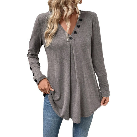 Autumn casual top medium and long v-neck solid color long-sleeved t-shirt women's m300796